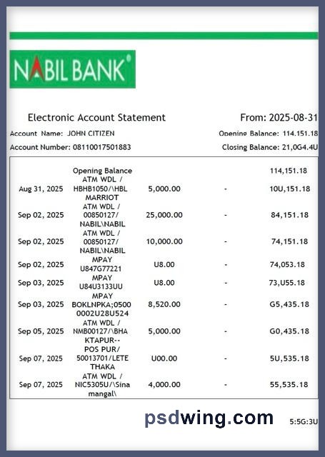 Nepal Nabil Bank Electronic Account Statement (Word)